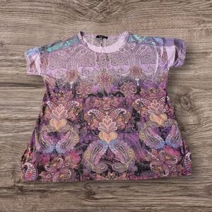 B.L.E.U. Size 1X Womens Colorful Paisley Cap Sleeve Top Glitter EUC